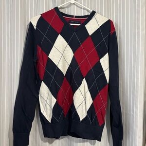 Tommy Hilfiger V-Neck Sweater - Red, Black, and White Argyle